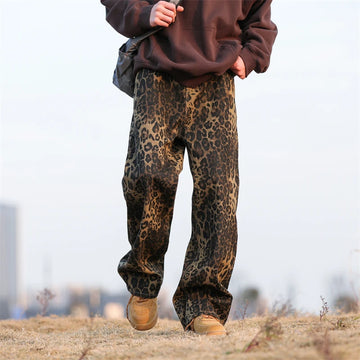 Aidase Leopard Print Jeans Men Fashion Retro Wide Leg Jeans Men Streetwear Hip-hop Loose Straight Jeans Mens Vintage Denim Trousers aidase-shop